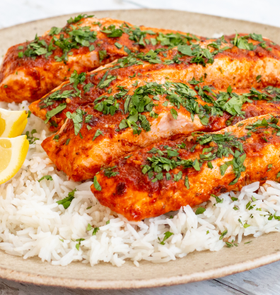 Salmon in Chraimeh sauce north african dish using mellow yellow chilli oil