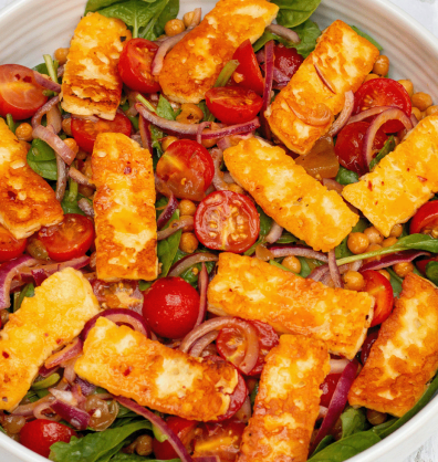mellow yellow Halloumi and Chickpea Salad with chilli mango and lime dressing