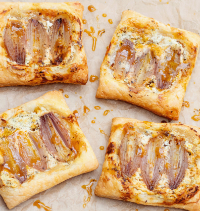Upside Down shallot onion tart tarte tatin mellow yellow balsamic dressing
