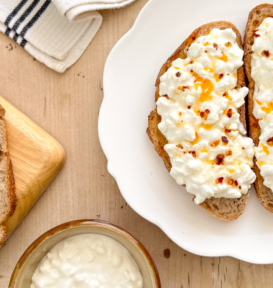 cottage cheese on toast with honey and mellow yellow rapeseed chilli oil