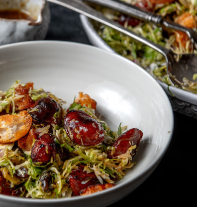 Mellow Yellow Sprouts Salad with chorizo, parmesan and ciabatta