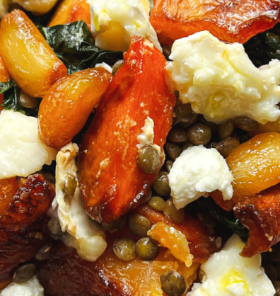 Roast roots with confit garlic & goats cheese