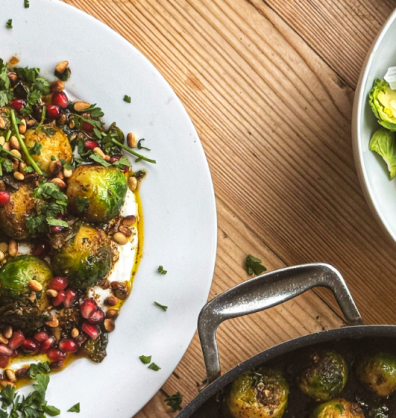 Pan fried Brussels sprouts with whipped feta