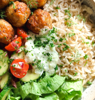 Chicken meatball rice bowls