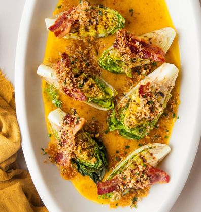 Charred Gem Lettuce with Crispy Bacon, Pangrattato & Classic Vinaigrette