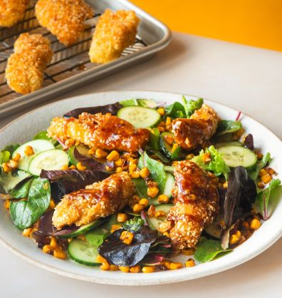 Sticky Blackberry Vinaigrette Chicken Dippers & Charred Corn Salad