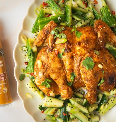 Spatchcock Chicken with Smashed Cucumbers