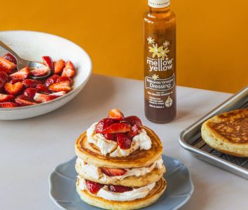 Pancake stack with balsamic macerated strawberries and whipped mascarpone