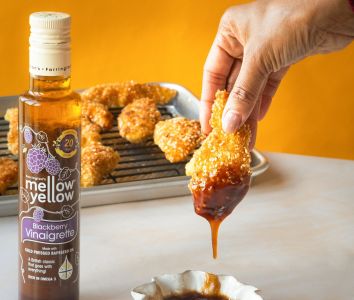 Mellow Yellow chicken dippers with sticky blackberry glaze